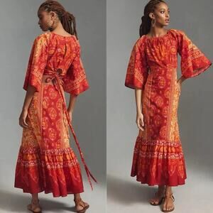 Farm Rio Paisley Print Cut-Out Dress Tiered Hem Bohemian Orange Red  Small New